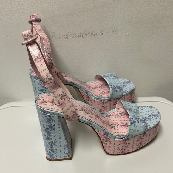 Larroude For Love Shack Fancy Floral Platform Pink and Blue Floral Heels - Picture 10 of 10
